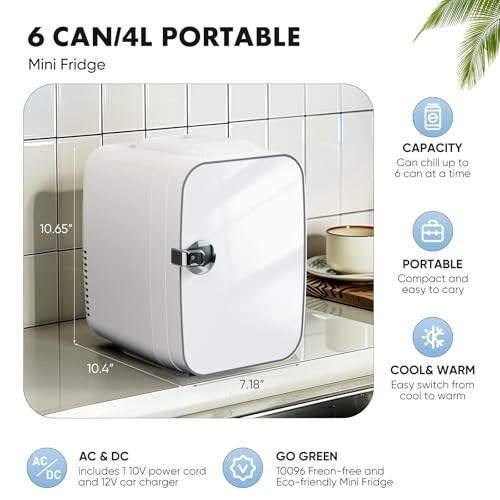 6 can capacity portable mini fridge with cooling and warming features.