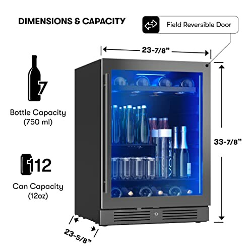 Beverage cooler with dimensions and capacity details.