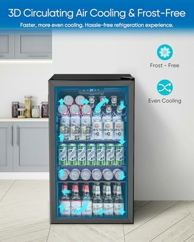 Beverage cooler fridge with cans and bottles, showcasing 3D circulating air cooling and frost-free features.