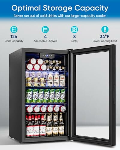 Open beverage cooler with multiple cans inside, showing storage capacity and cooling features.