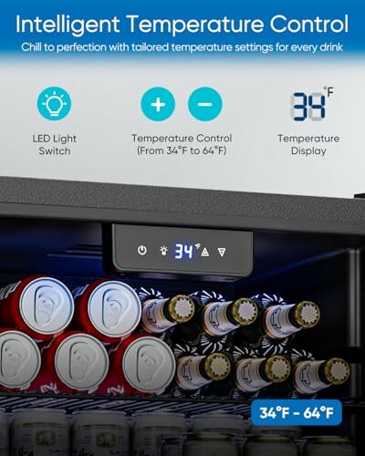 Beverage cooler with intelligent temperature control display and shelves with drinks.