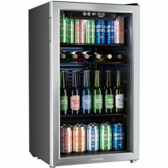 Beverage cooler stocked with assorted cans and bottles.