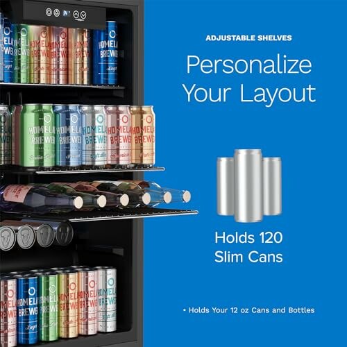 Beverage fridge with adjustable shelves holding 120 slim cans.