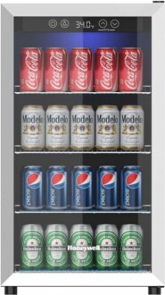 Beverage fridge with Coca-Cola, Modelo, Pepsi, and Heineken cans.