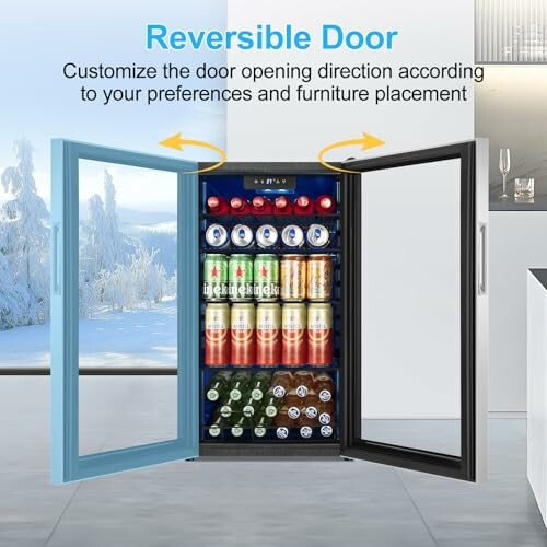Reversible door beverage fridge with drinks inside.
