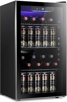 A beverage refrigerator with cans and wine bottles.