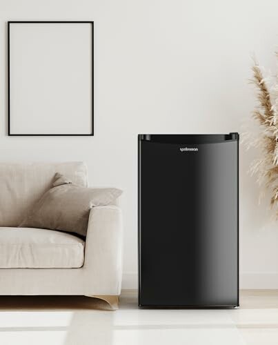 Black mini fridge in a modern living room with a beige sofa, blank picture frame, and pampas grass.