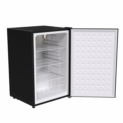 Open black mini fridge with empty shelves.