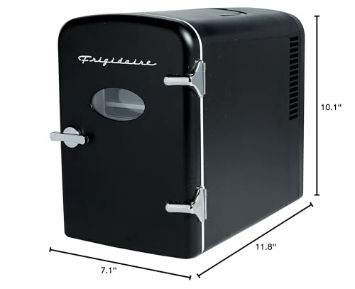 Black mini fridge with dimensions labeled