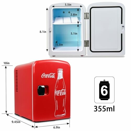 Red Coca-Cola mini fridge with dimensions and capacity details.