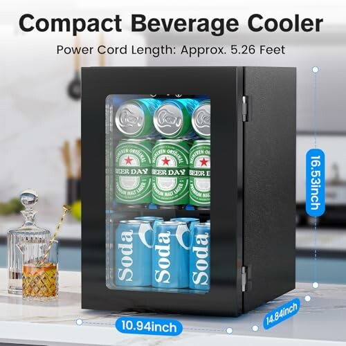 Compact beverage cooler with drinks inside and dimensions.