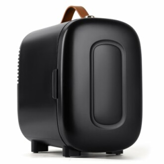 Compact black mini fridge with brown handle.