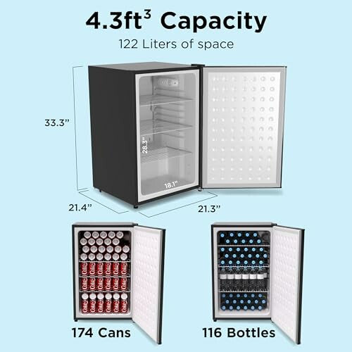 Compact fridge with 4.3 cubic feet capacity, showing dimensions and storage for 174 cans or 116 bottles.