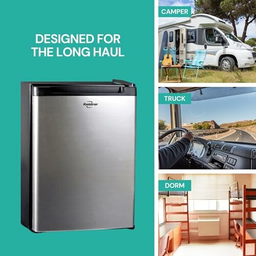 Compact fridge with usage in camper, truck, and dorm.