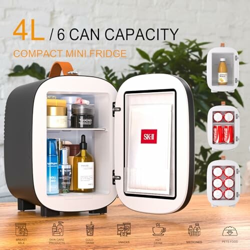 Compact mini fridge with 4L capacity, open door showing skincare and drinks.