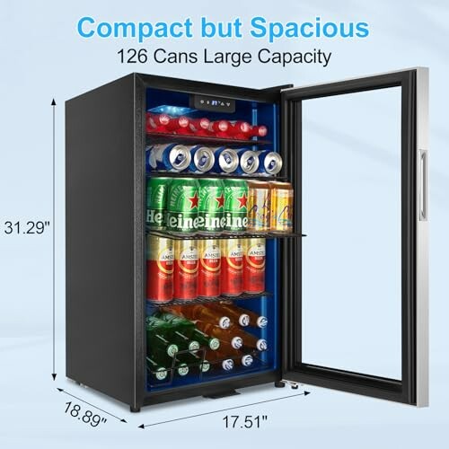 Compact mini fridge with open door displaying 126 can capacity.