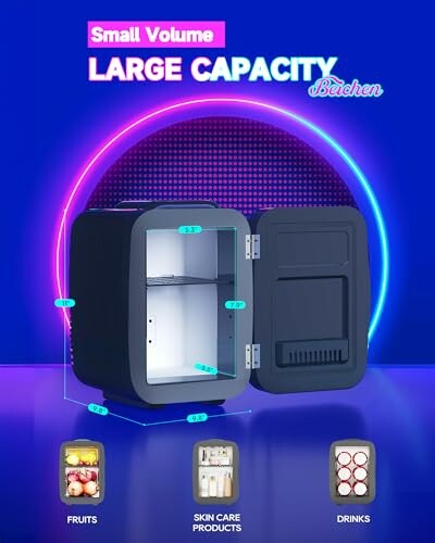 Compact mini fridge with open door showing storage for fruits, skin care products, and drinks.