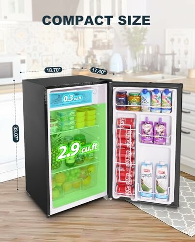 Compact mini fridge with open door, showing organized interior with beverages and food.