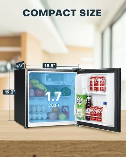 Compact mini fridge with open door showing contents and size dimensions.