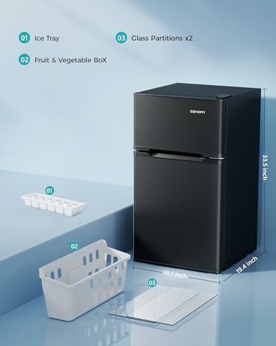 Compact black refrigerator with ice tray, glass partitions, and fruit & vegetable box displayed.