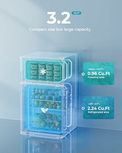 Transparent compact refrigerator showing freezing and refrigerated areas with capacity labels.