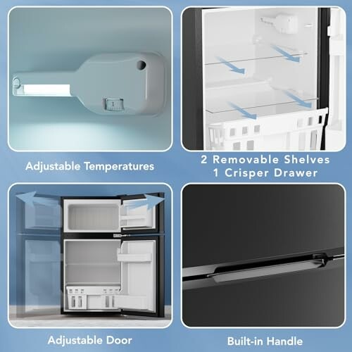 Refrigerator with adjustable temperatures, removable shelves, adjustable door, and built-in handle.