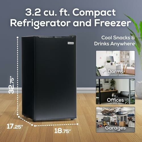 3.2 cu. ft. compact refrigerator and freezer with images of dorms, offices, and garages.