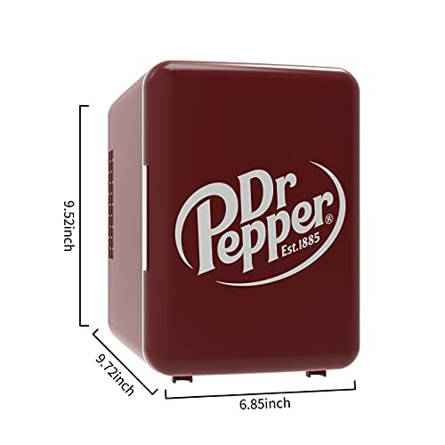 Dr Pepper branded mini fridge with dimensions.