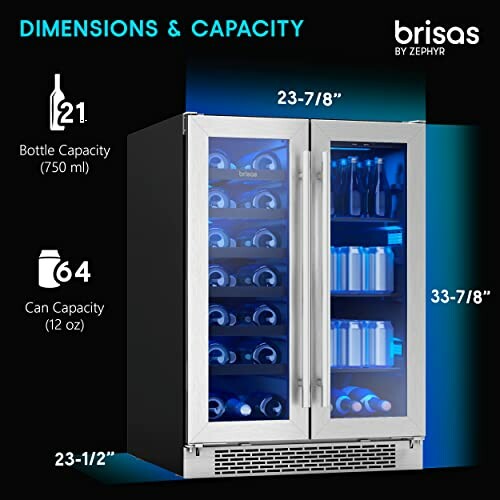 Dual zone wine and beverage cooler with capacity indicators.