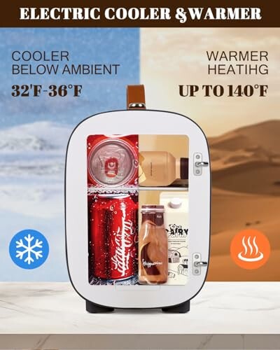 Electric cooler and warmer showing beverages inside with temperature settings.