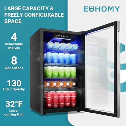 Euhomy mini fridge with large capacity and adjustable shelves.