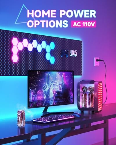 Futuristic gaming setup with LED lights and modern decor.