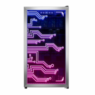 Mini fridge with LED circuit design on glass door.