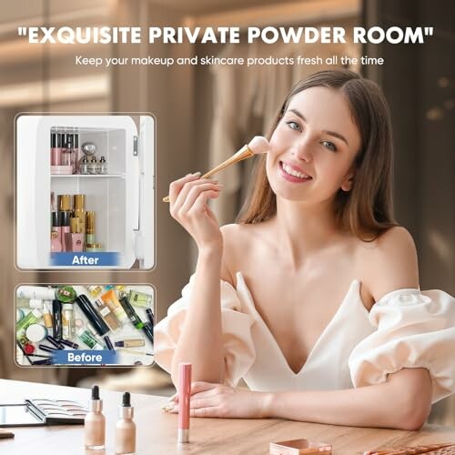 Woman organizing makeup in a private powder room with before and after images.