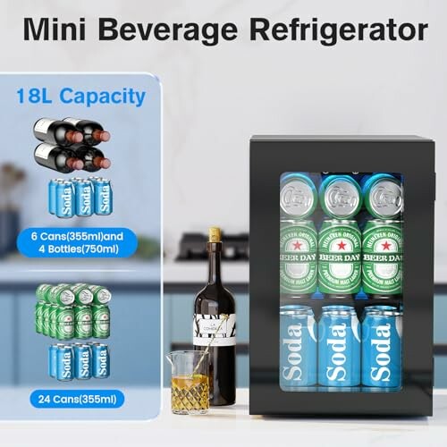 Mini beverage refrigerator with drinks inside and capacity details.
