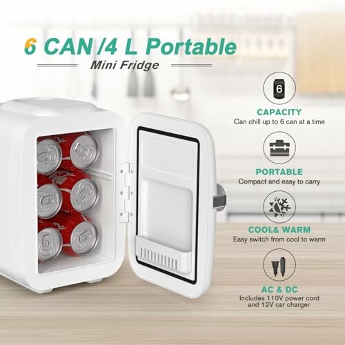 Compact 6-can mini fridge with cooling and warming features.