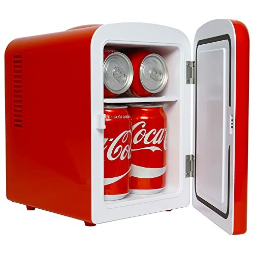 Mini fridge with Coca-Cola cans inside.