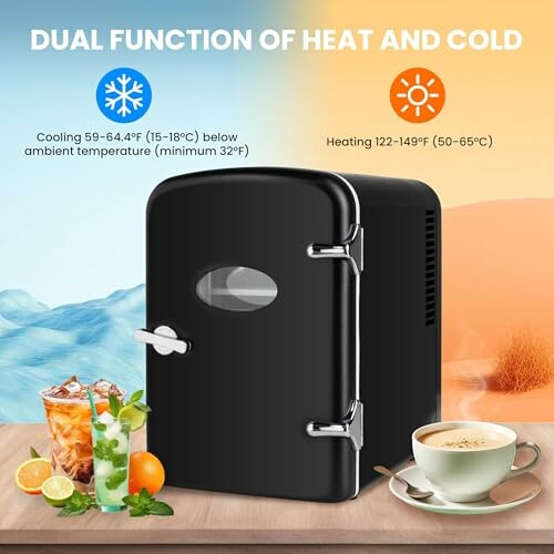 Mini fridge with dual heat and cold function, cooling and heating temperatures displayed.