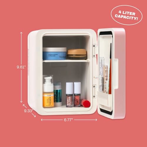 Open mini fridge with beauty products inside on a pink background.