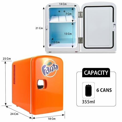 Orange mini fridge with Fanta logo, dimensions and 6-can capacity.