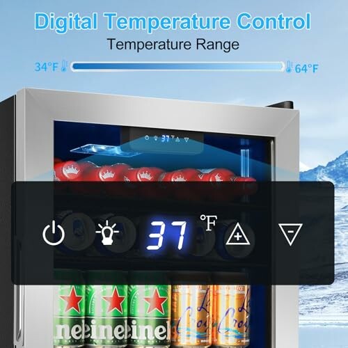 Mini fridge with digital temperature control display showing 37°F.