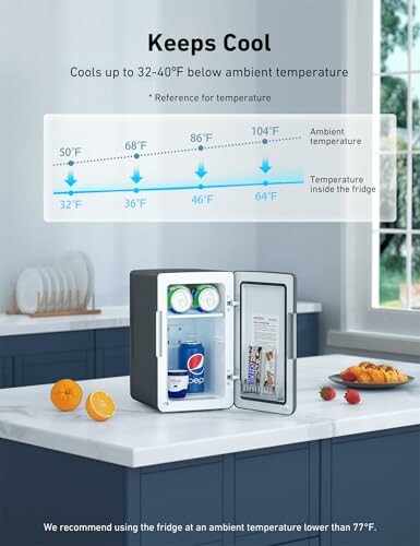 Mini fridge on counter with temperature guide chart.