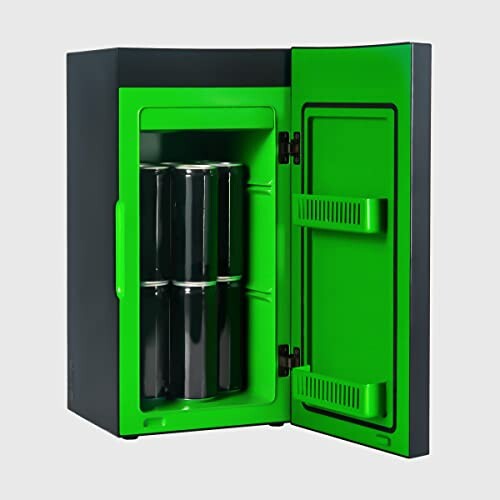 Small black and green mini fridge with cans inside.