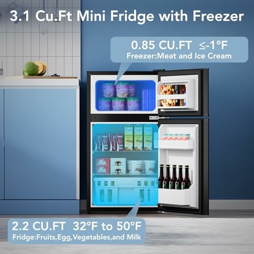 Open mini fridge with freezer showing contents and features.