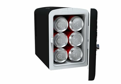 Mini fridge open with six soda cans inside.