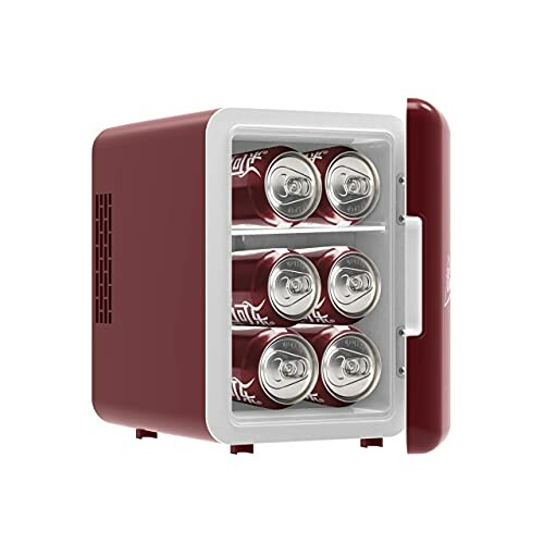 Mini fridge with six soda cans inside.