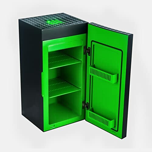 Black and green mini fridge with open door showing shelves.