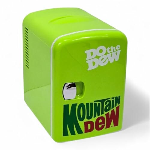 Green Mountain Dew mini fridge with logo.