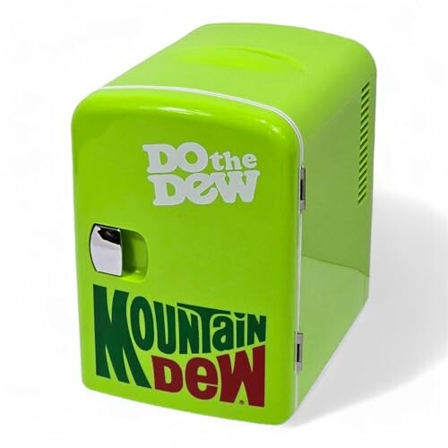 Green Mountain Dew mini fridge with logo.