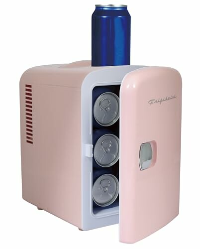 Mini pink fridge with four beverage cans.